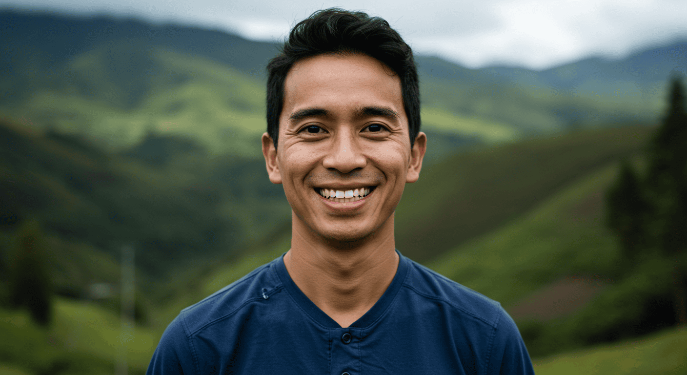 An expat smiling confidently, with a background subtly hinting at Ecuadorian landscapes.