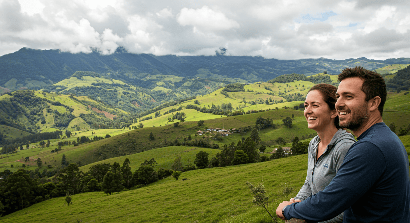 Expat couple smiling while looking at a scenic view of rolling green hills and mountains in Ecuador.