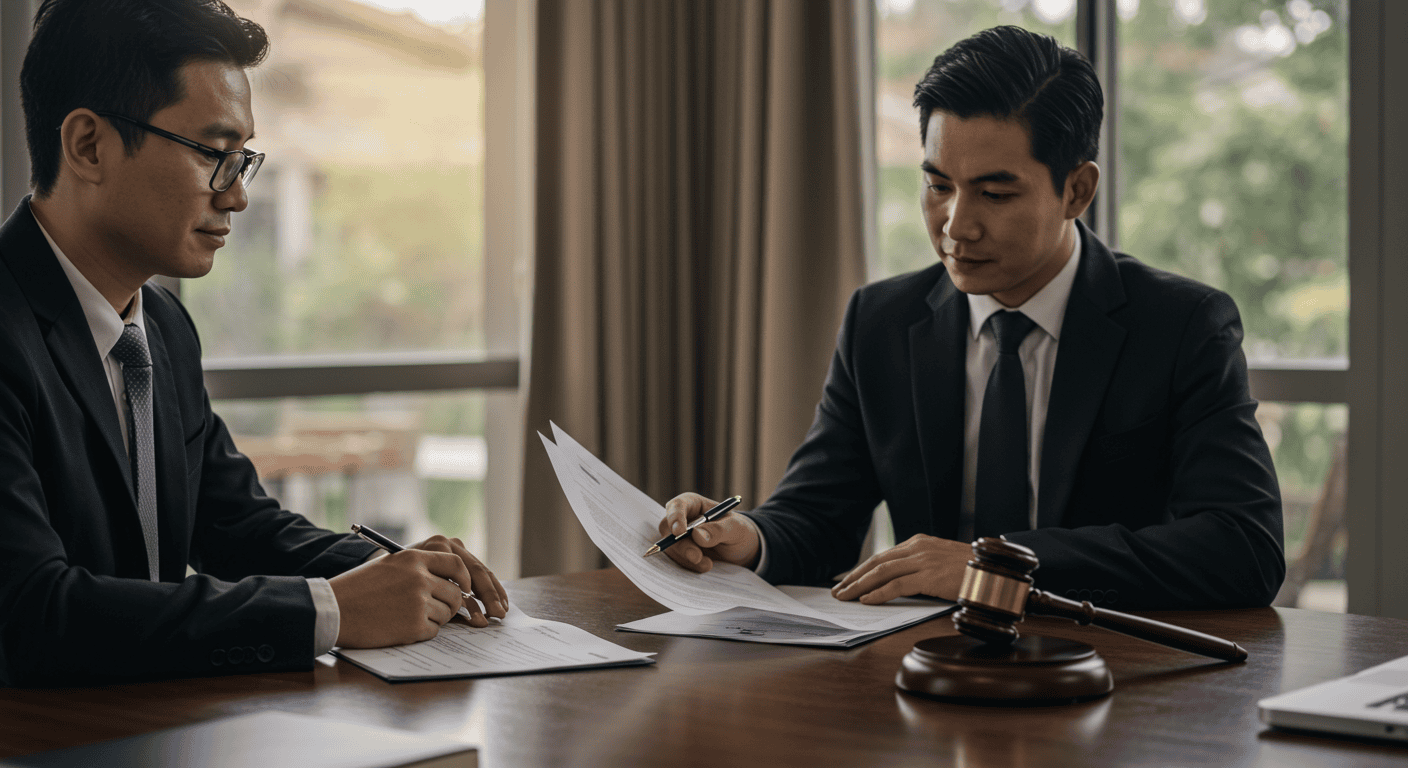 Foreign buyer reviewing property documents with a lawyer in Ecuador