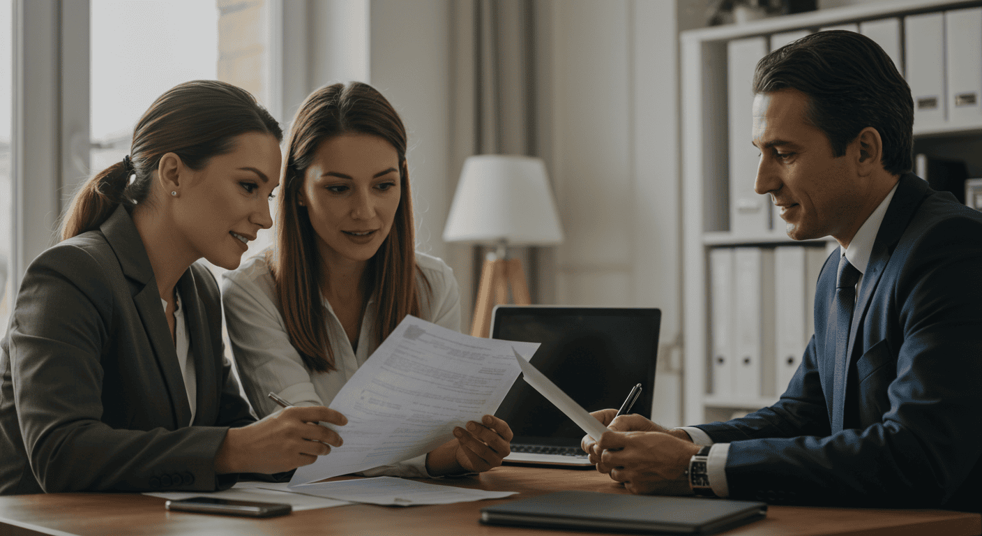 Couple reviewing property documents with a real estate agent and lawyer in Ecuador