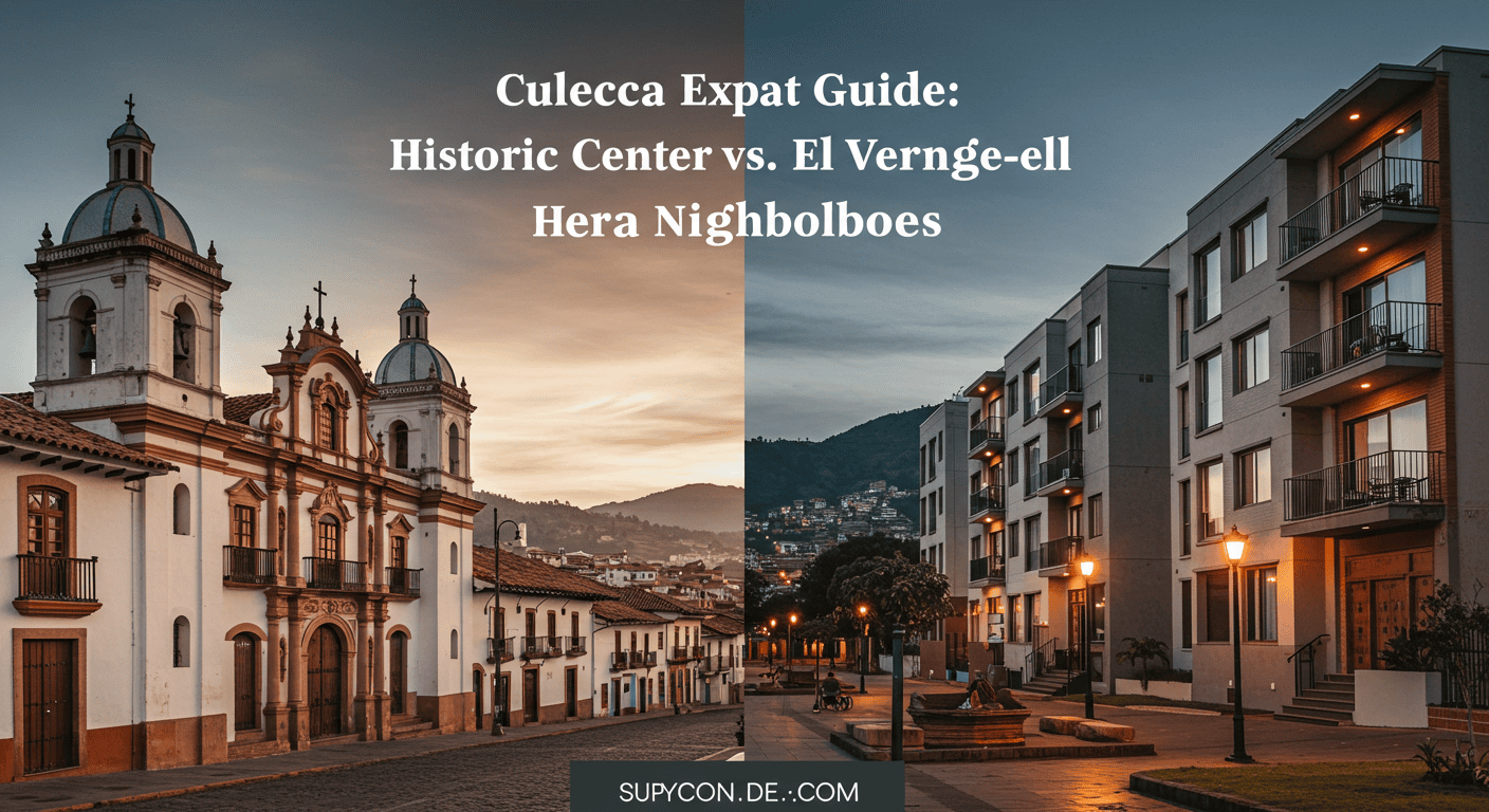 Split image showing the colonial architecture of Cuenca's Historic Center and a modern apartment building in El Vergel.