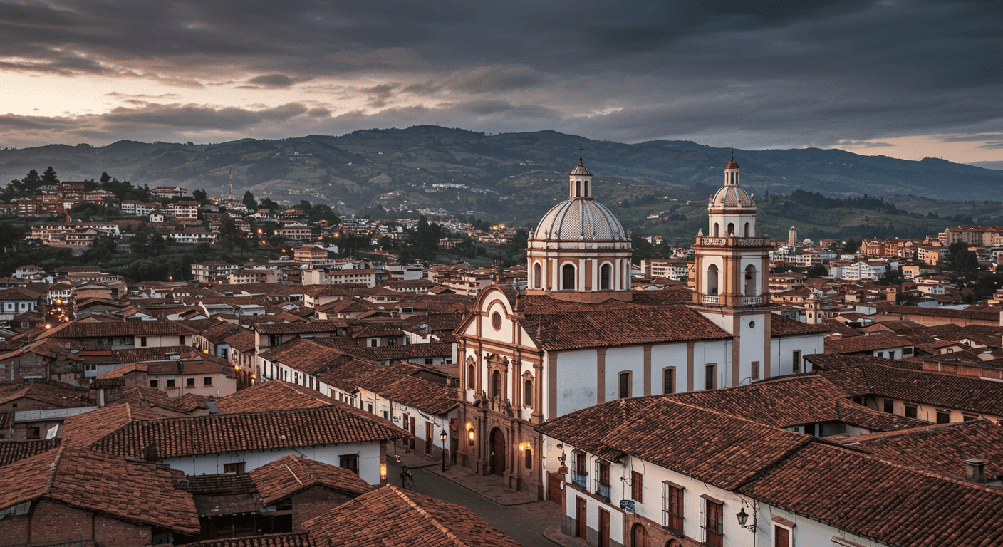 A scenic view of Cuenca's historic colonial architecture with the Andes mountains in the background.