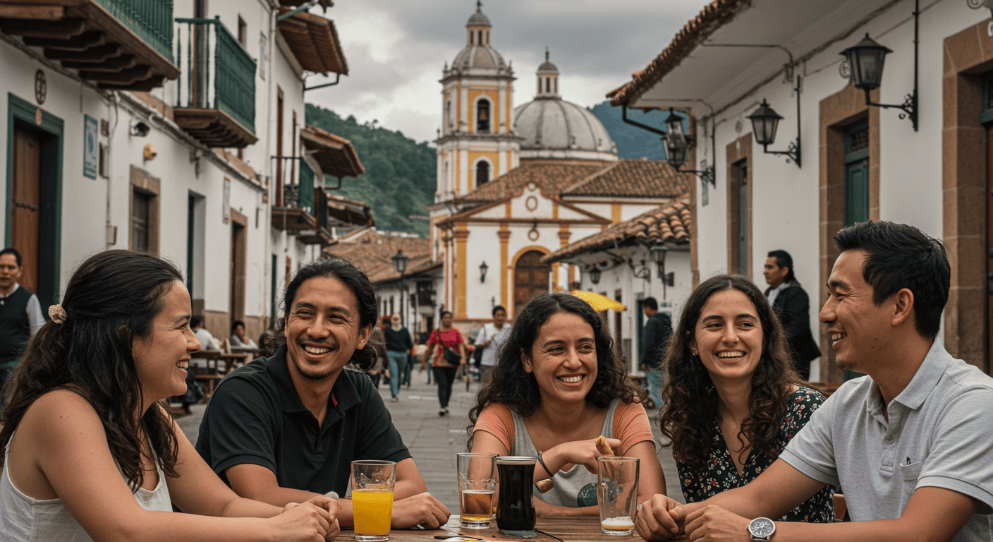 A group of diverse expats smiling and socializing at a cafe in Cuenca, Ecuador, with colonial architecture in the background.