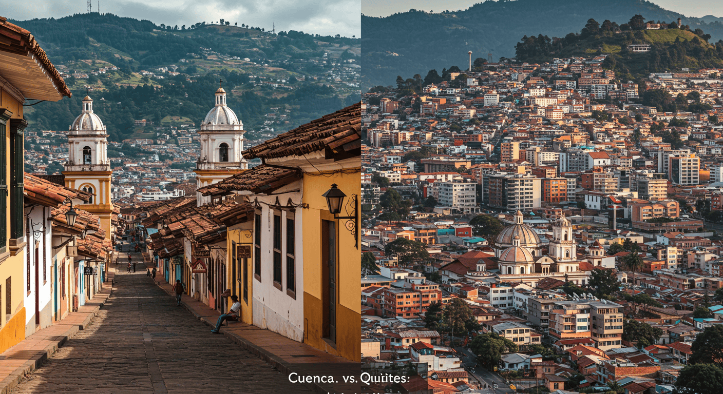 Split image showing a charming street in Cuenca and a modern cityscape in Quito, representing expat choices.