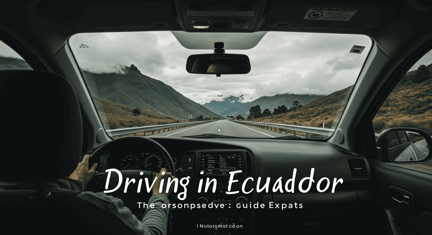 A person driving a car on a scenic highway in Ecuador with mountains in the background.