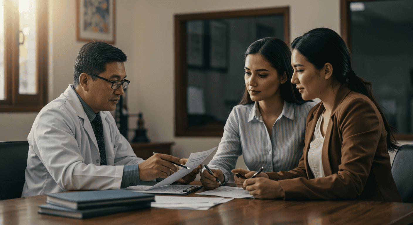 Financial advisor explaining banking documents to a couple in Ecuador.