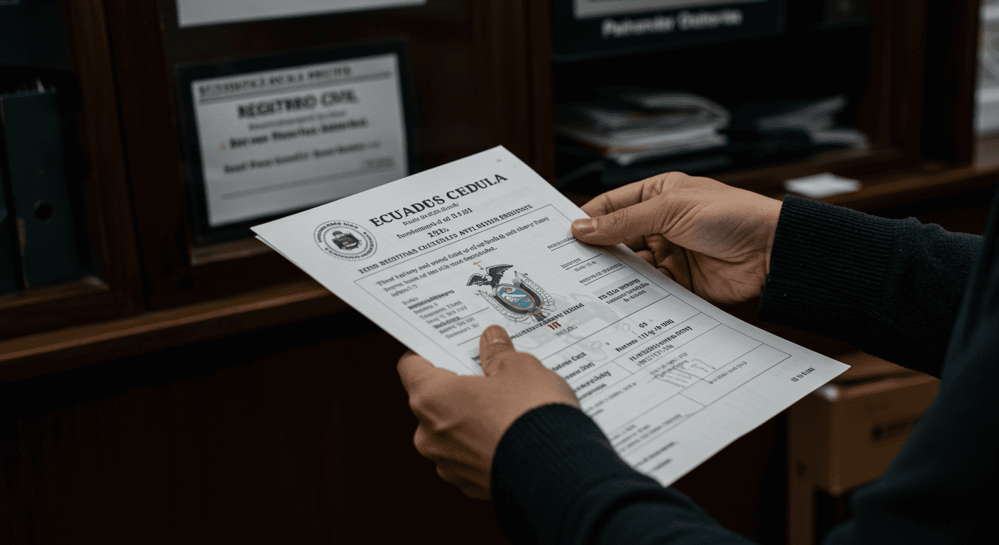 Person applying for an Ecuadorian cedula at the Registro Civil office, showing necessary documents.