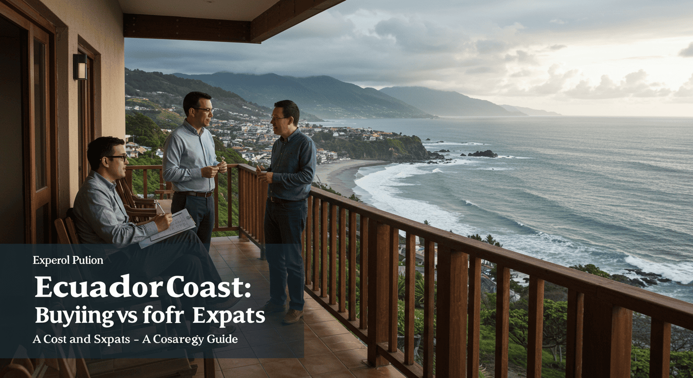 Expats discussing property options on a balcony overlooking the Ecuadorian coast