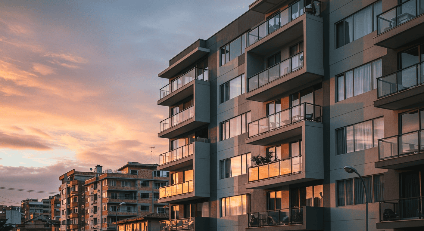 A modern condominium building exterior with balconies in a vibrant Ecuadorian city.