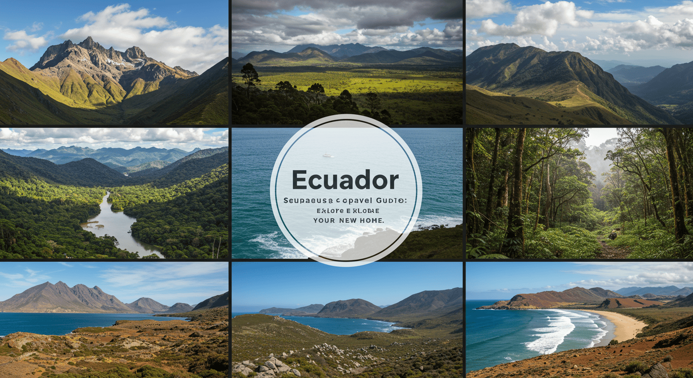 A diverse collage of Ecuadorian landscapes: Andes mountains, Amazon rainforest, Pacific coast beaches, and Galapagos wildlife.