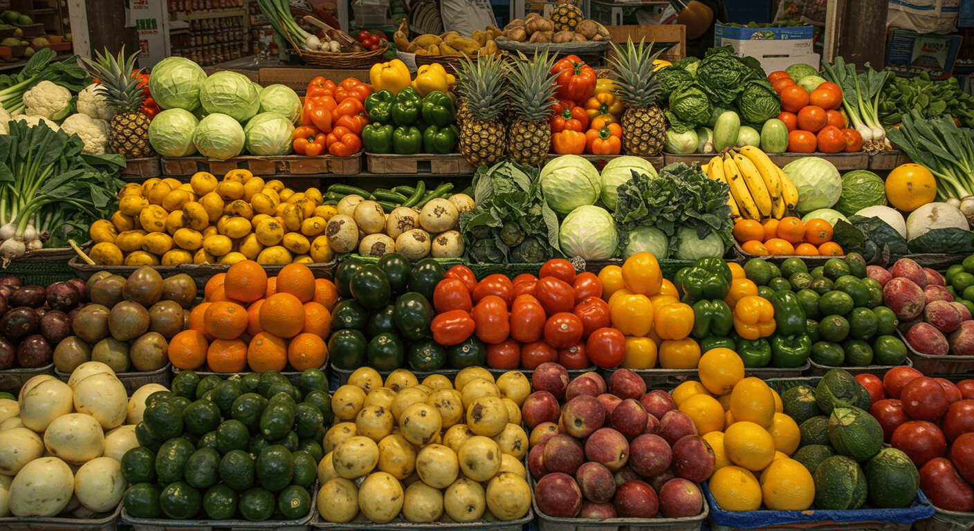 A vibrant display of fresh fruits and vegetables at an Ecuadorian local market