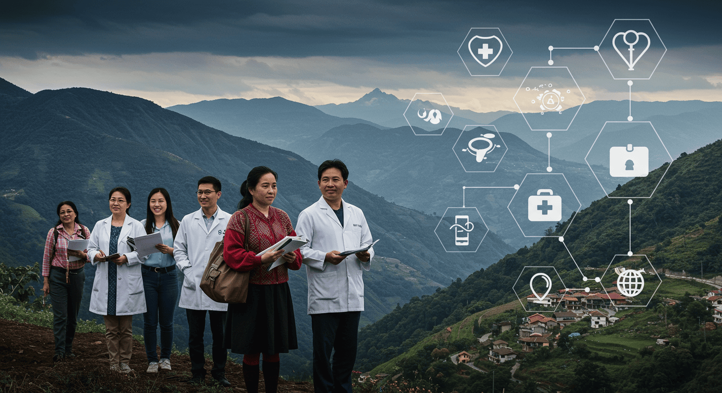 Illustration of a diverse group of people in Ecuador, with medical symbols integrated into the landscape.