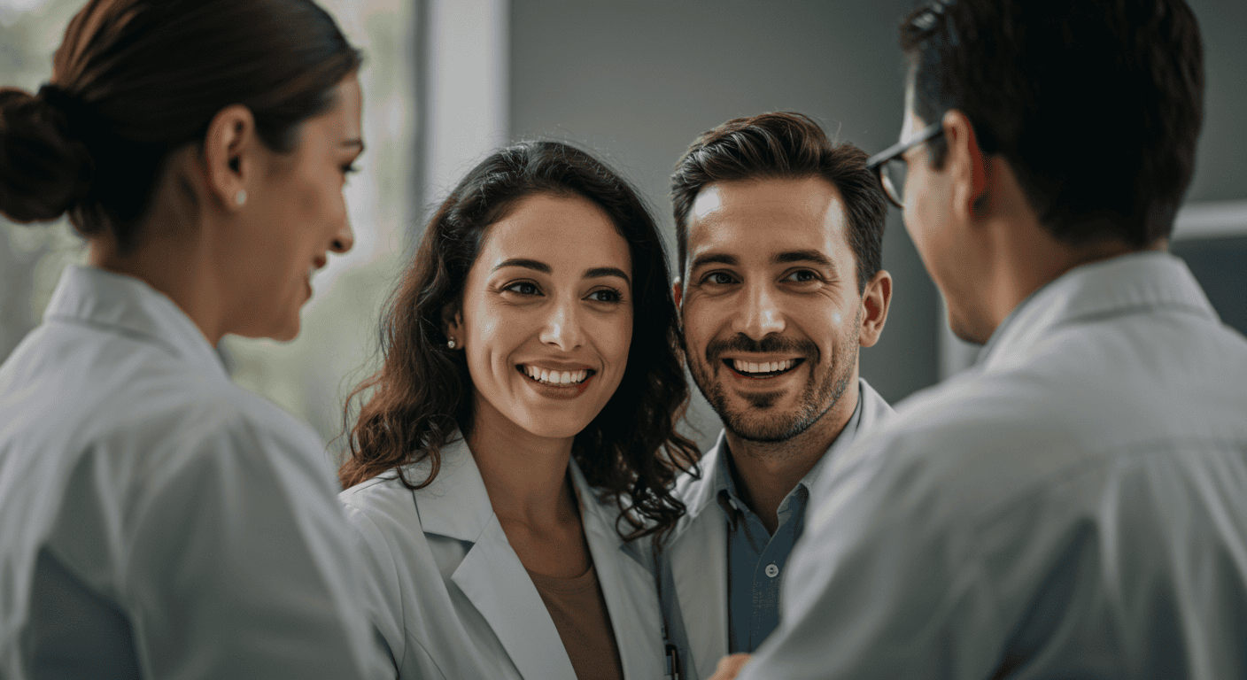 Expat couple smiling while receiving healthcare information in Ecuador