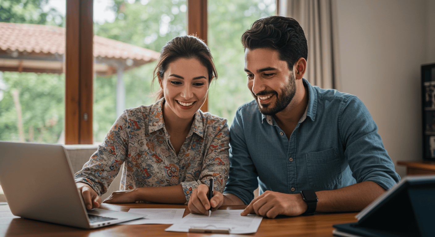 Expat couple smiling while looking at a house in Ecuador, with paperwork on a table.