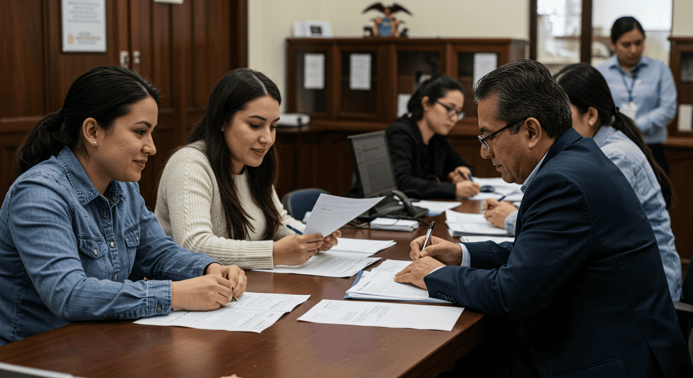 Expats applying for IESS coverage at an Ecuadorian government office, with a focus on official documents and assistance.