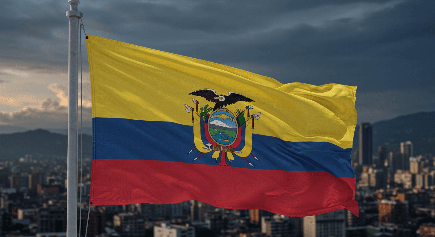 Ecuadorian flag waving with a cityscape in the background, symbolizing investment and opportunity.