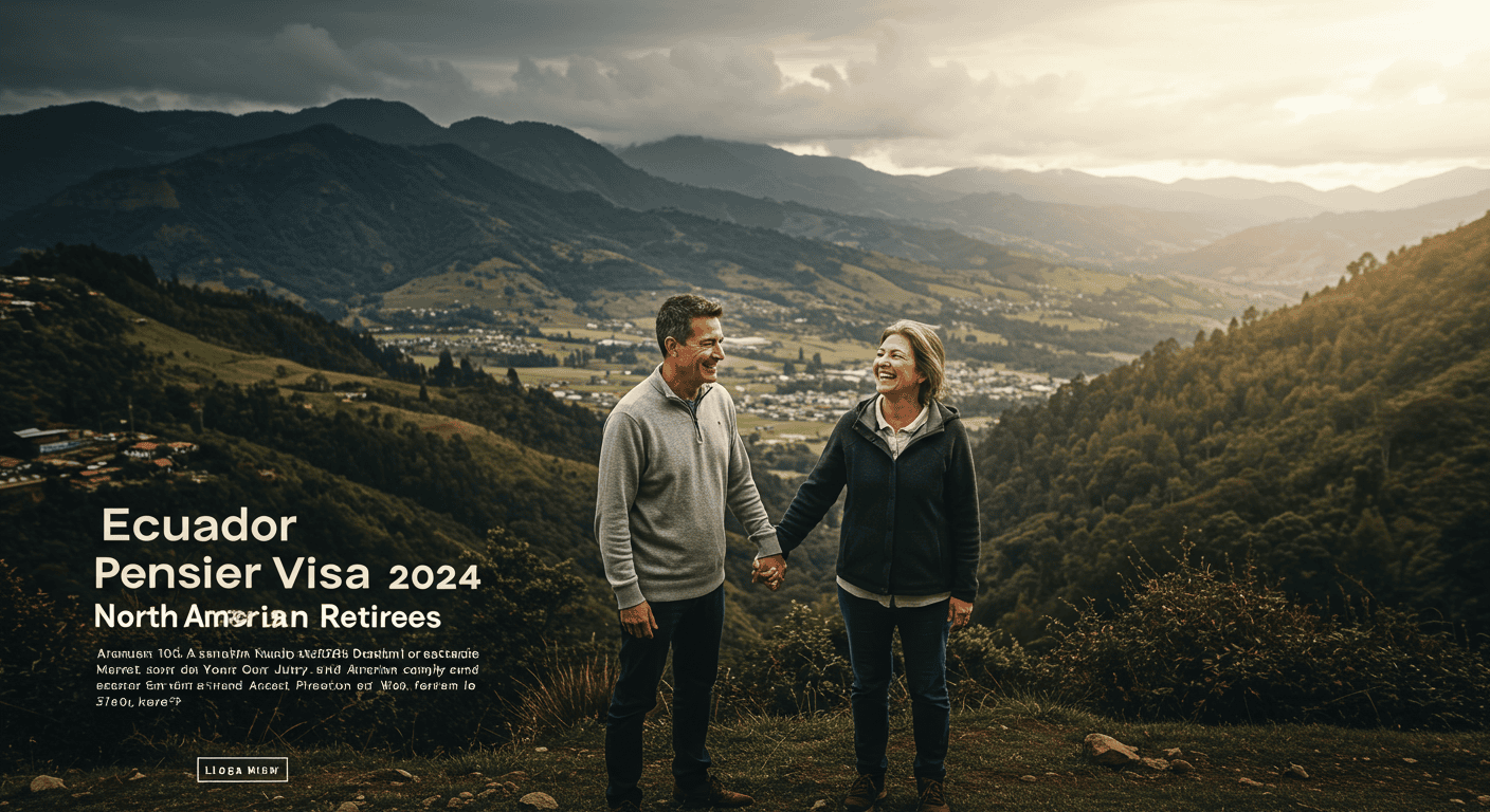 Couple smiling and holding hands in front of a scenic Ecuadorian landscape, representing retirement in the country.