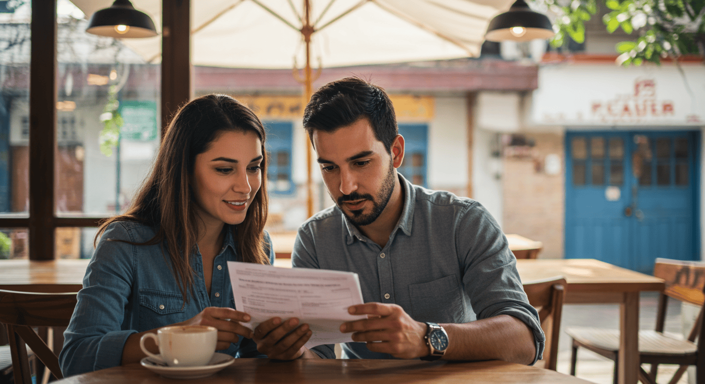 Expatriate couple reviewing health insurance documents in a cafe in Ecuador