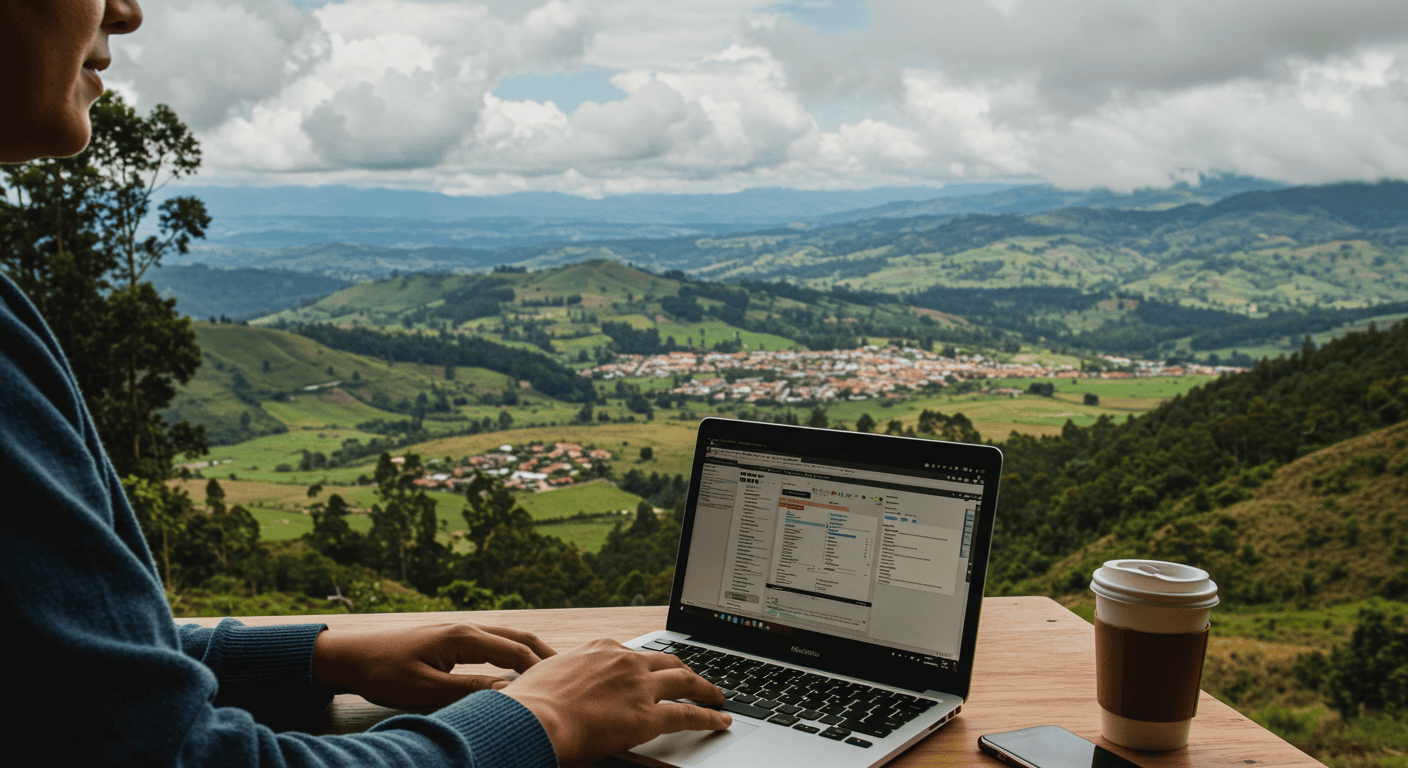 A person working on a laptop with a beautiful Ecuadorian landscape in the background.