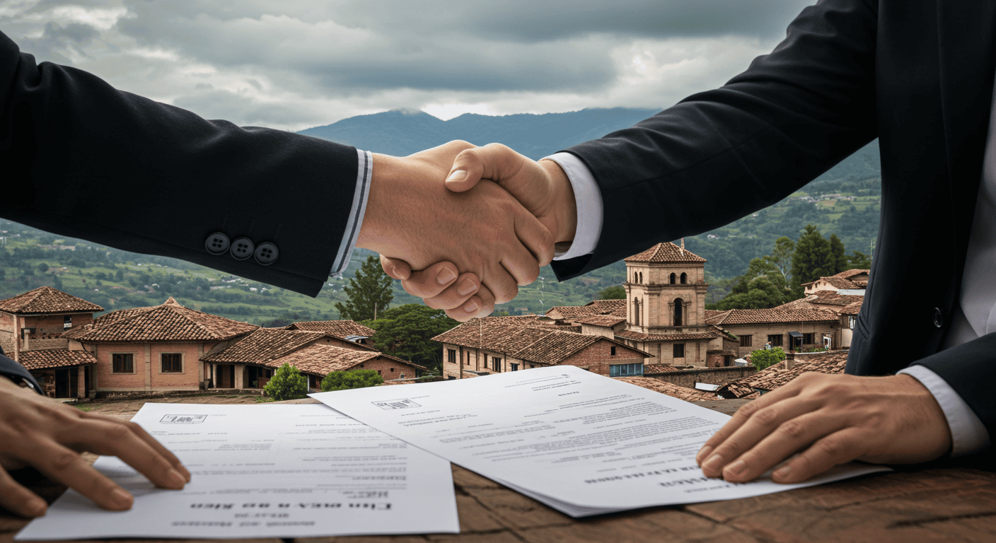 Illustration of a handshake over Ecuadorian property documents with local landmarks in the background.