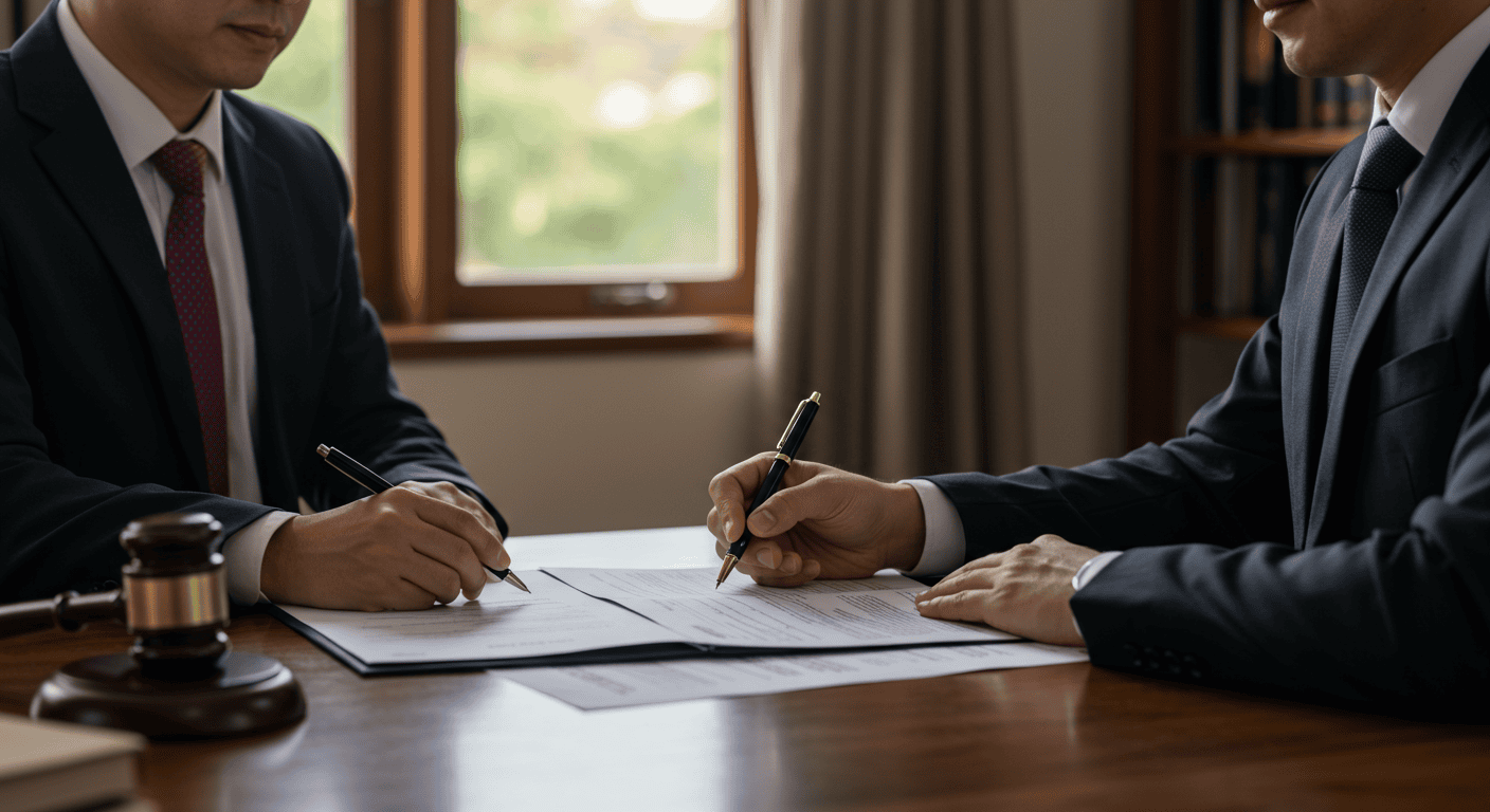 Foreign buyer signing property title deed in Ecuador with lawyer and notary present