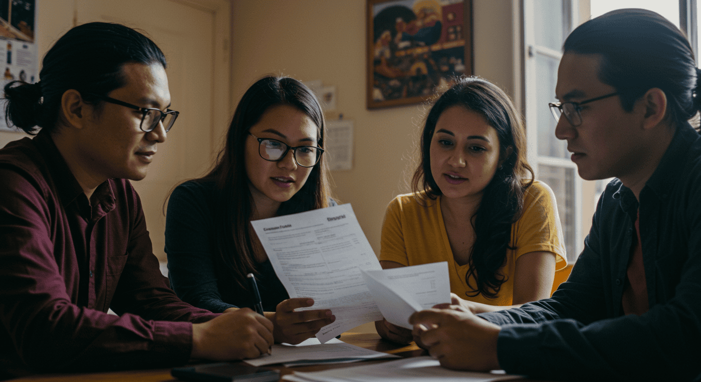 Expats reviewing a rental contract document in an Ecuadorian apartment