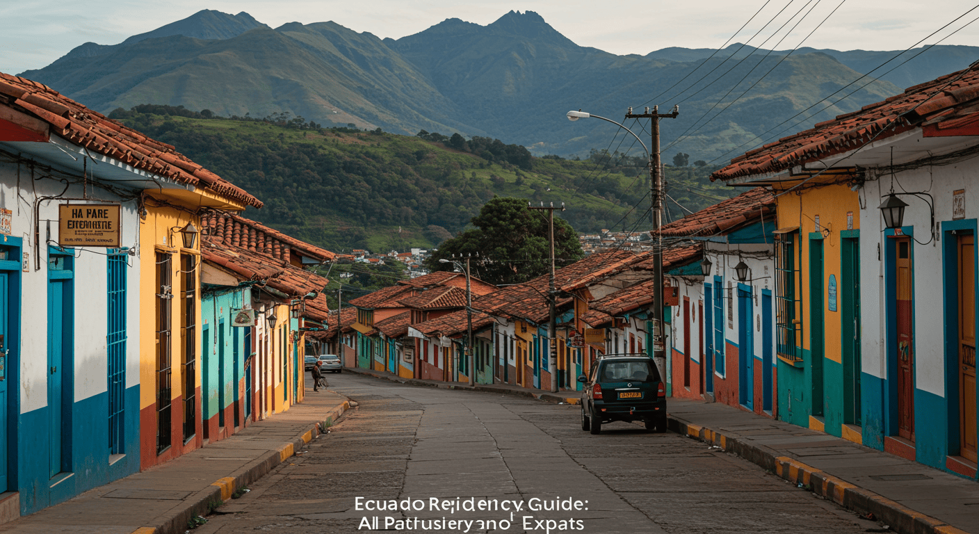 Colorful street scene in Ecuador with mountains in the background, symbolizing expat life.