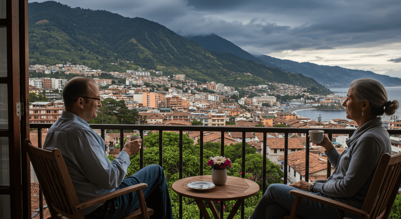Couple enjoying coffee on a balcony overlooking a scenic Ecuadorian cityscape