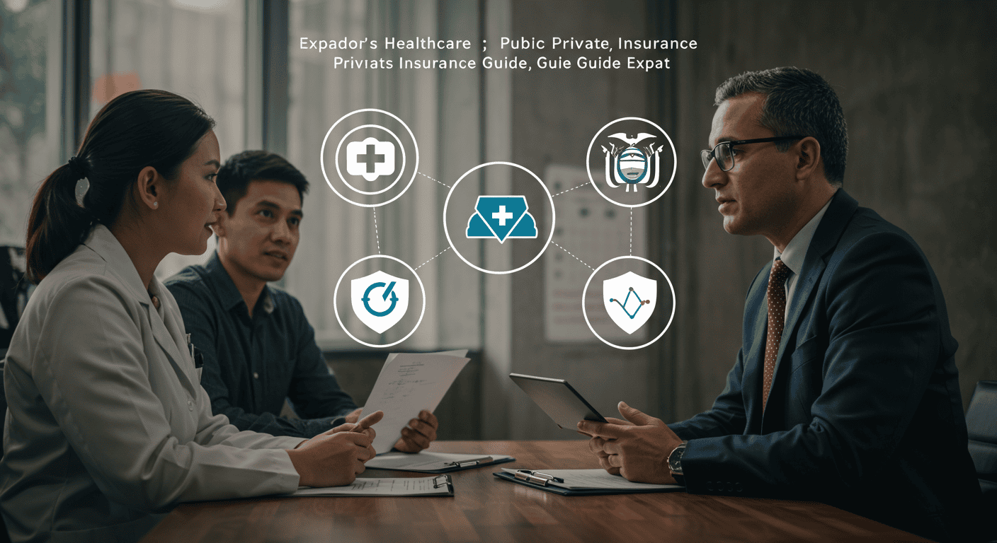 Expats discussing healthcare options in Ecuador, with symbols representing public and private insurance.
