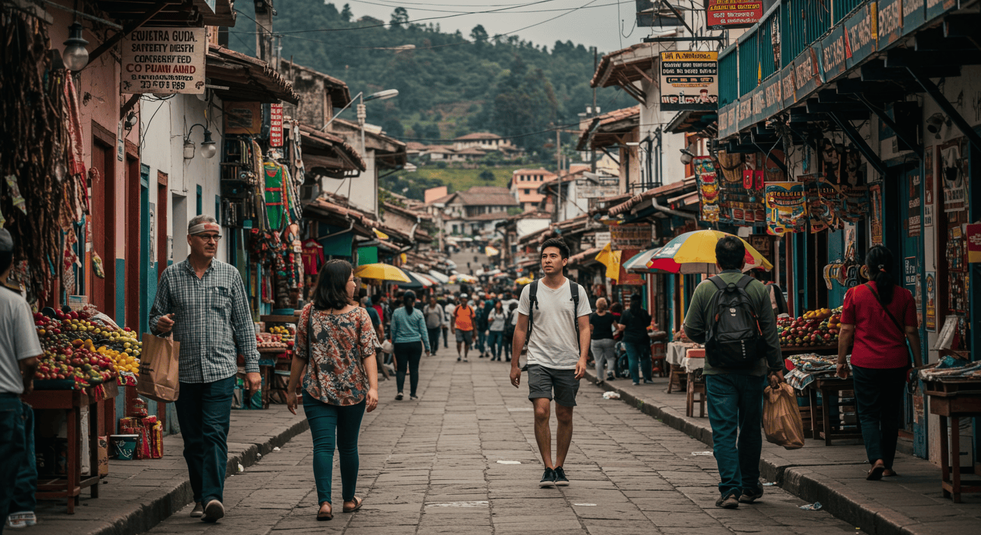 North American expats walking through a vibrant, safe-looking street market in Ecuador.