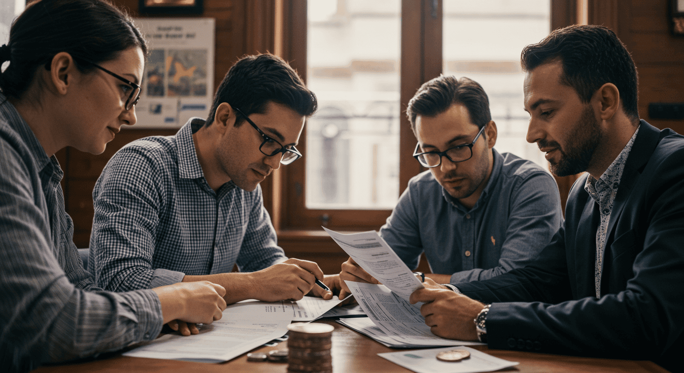 North American expats reviewing tax documents in an Ecuadorian setting.