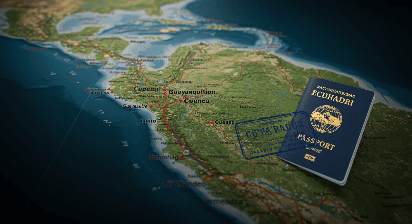 Ecuador map highlighting key expat destinations like Quito, Guayaquil, and Cuenca, with a passport stamp icon.