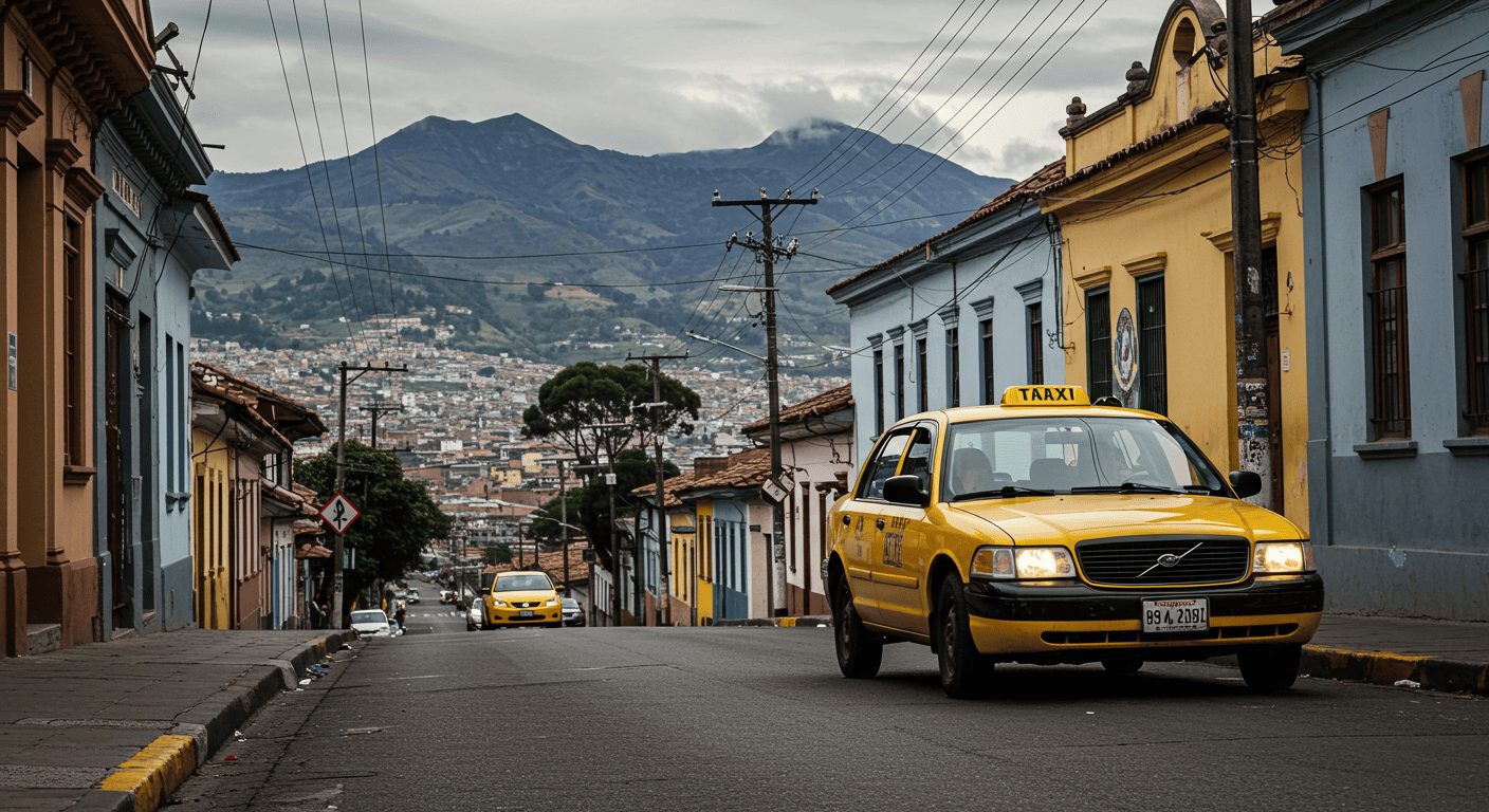 A scenic view of a yellow taxi on a street in Quito, Ecuador, with mountains in the background.