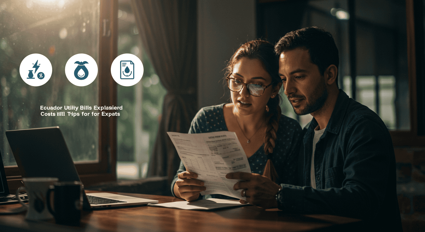 Illustration of an expat couple reviewing a utility bill in Ecuador, with icons representing electricity, water, and gas.