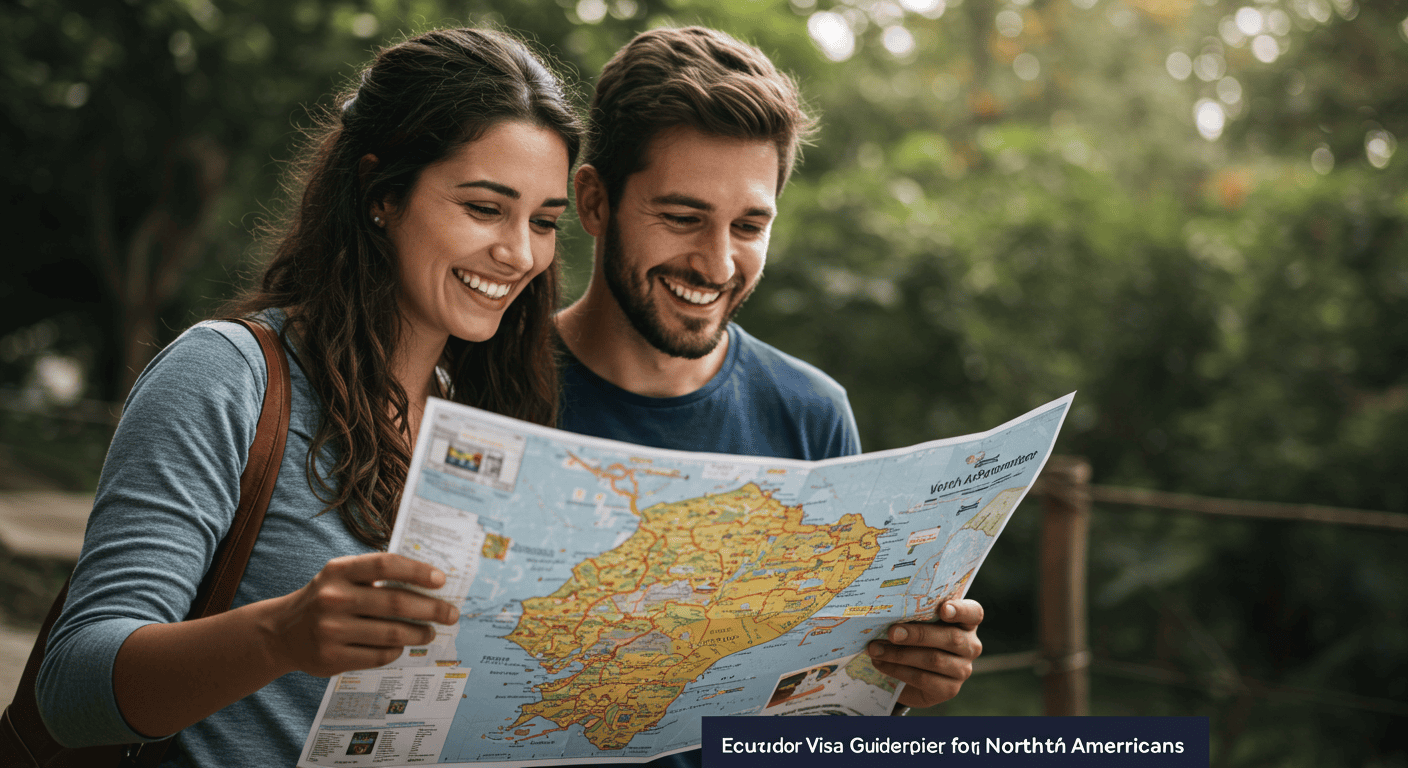 North American couple smiling while looking at a map of Ecuador