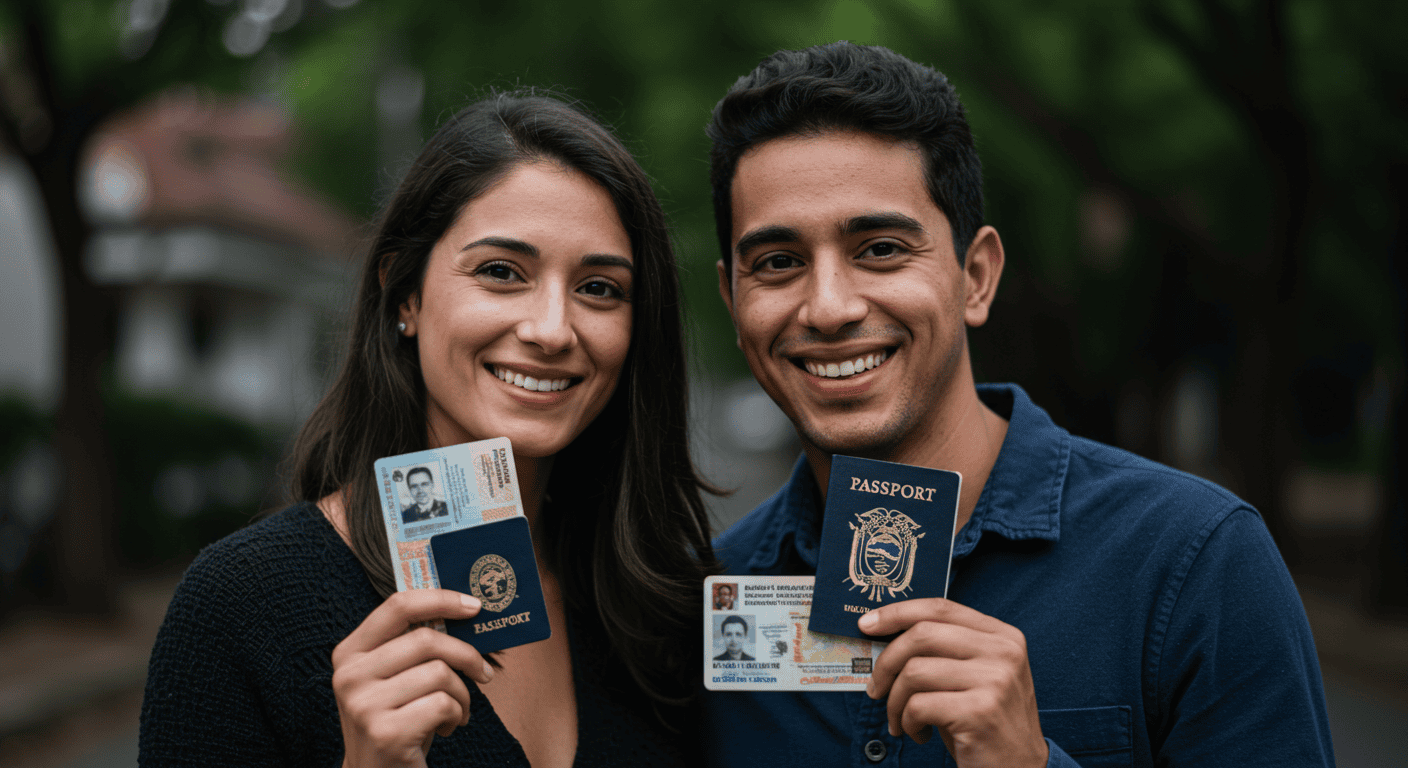 Expat couple smiling while holding Ecuadorian passports and identification cards.