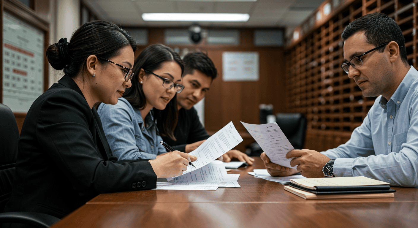 Expats reviewing financial documents in an Ecuadorian bank setting