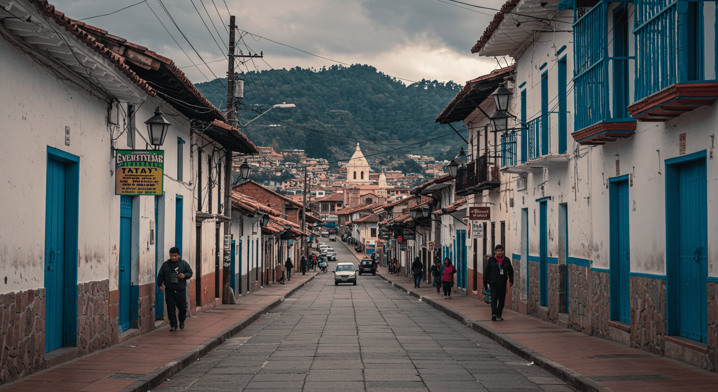 A vibrant street scene in an Ecuadorian city, showcasing local life and architecture.