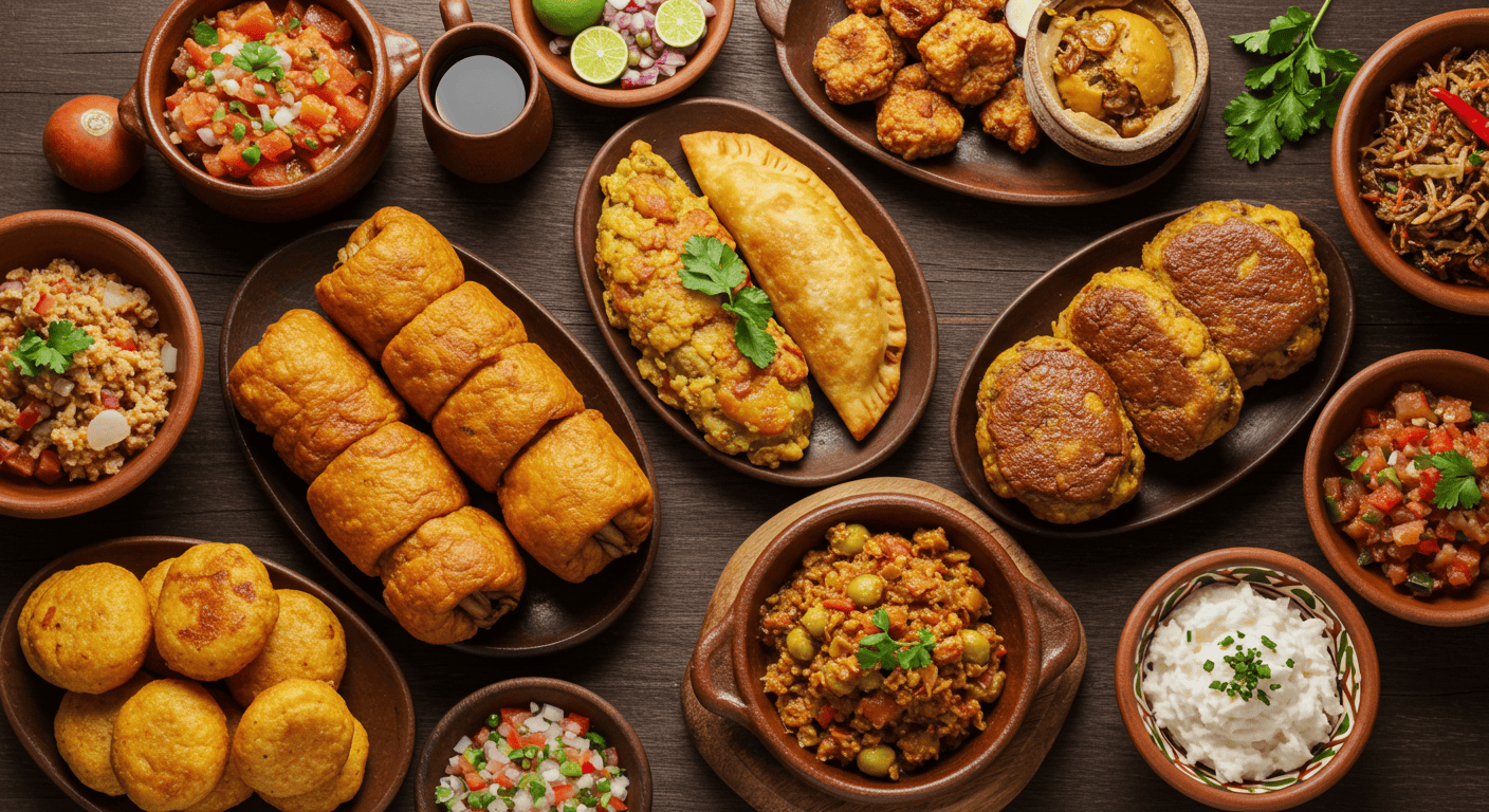 A vibrant spread of traditional Ecuadorian dishes including encebollado, hornado, and empanadas.