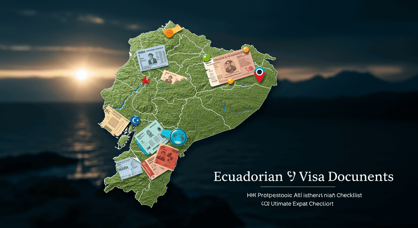 Map of Ecuador with visa document icons overlaid