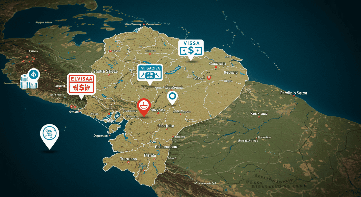 Map of Ecuador highlighting popular expat destinations with icons representing visas and money.