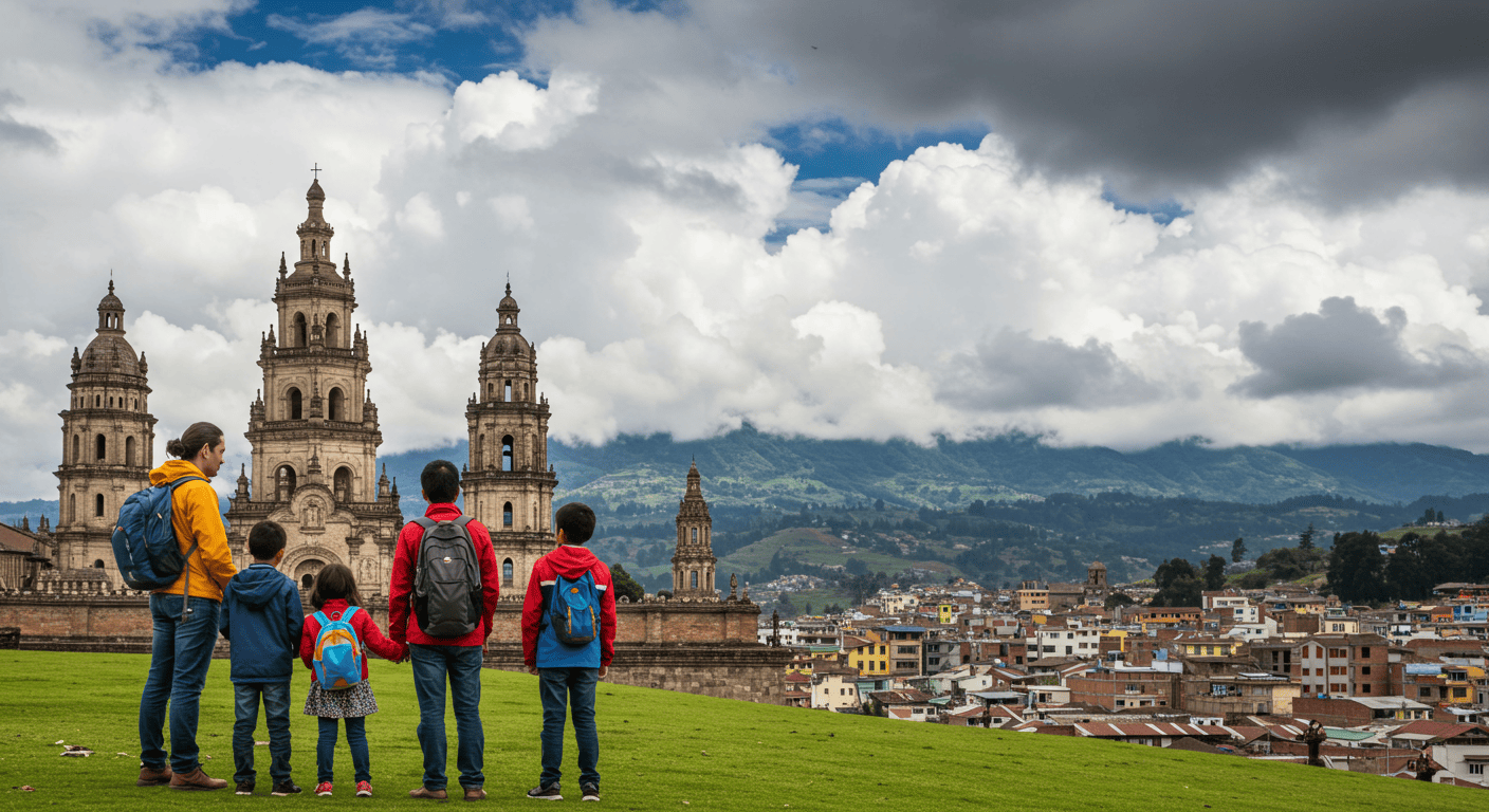 Expat family with children looking at school options in Ecuador, with iconic Ecuadorian landmarks in the background.