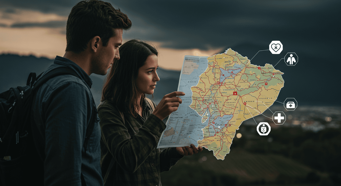 Expat couple looking at a map of Ecuador with medical symbols overlayed.