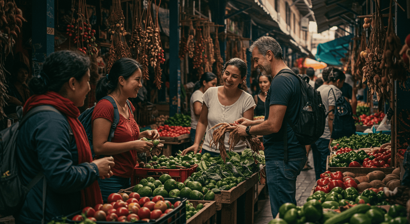 Diverse group of expats interacting positively in an Ecuadorian market setting.
