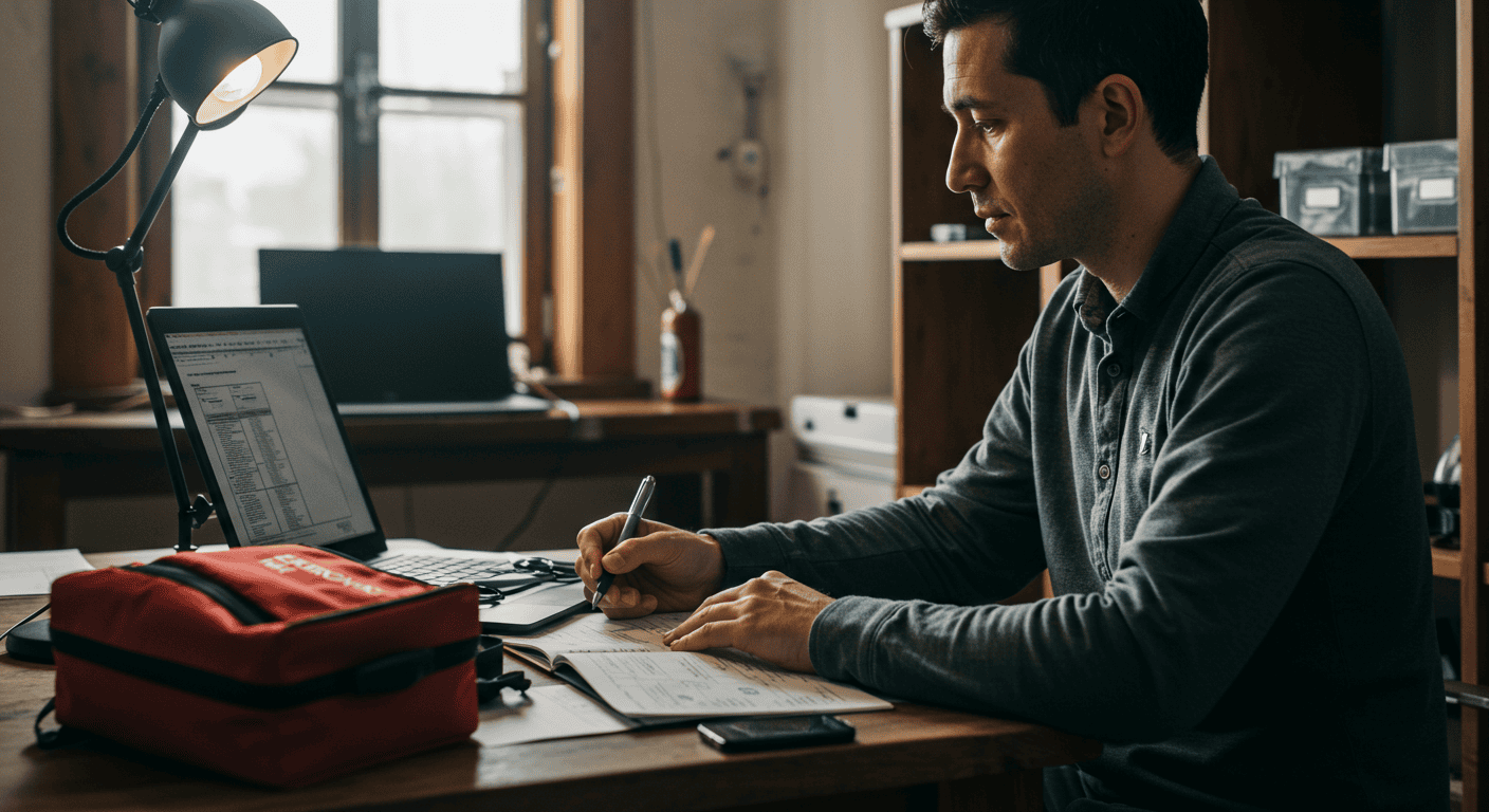 Expat in Ecuador reviewing emergency preparedness kit and family plan