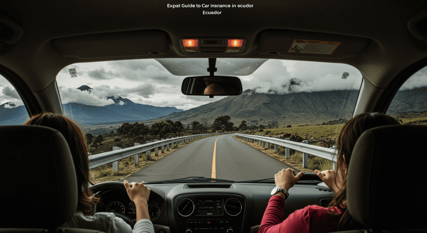 Expats driving a car on a scenic road in Ecuador, with mountains in the background