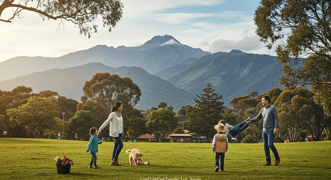 Family enjoying time in a park in Ecuador, with mountains in the background.