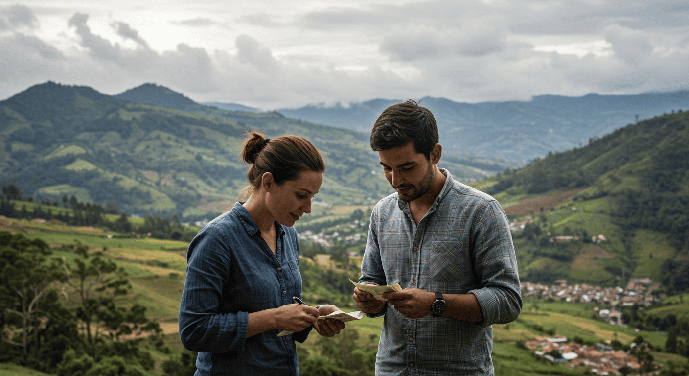 Expat couple reviewing finances with a view of Ecuadorian landscape in the background