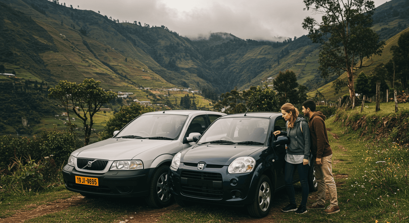 Expat couple inspecting a used car in front of a scenic Ecuadorian backdrop