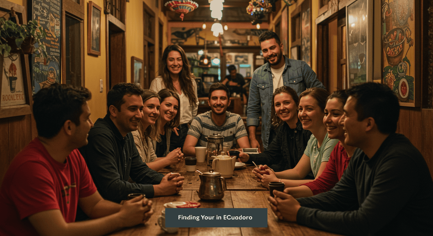 A diverse group of smiling expats gathered together enjoying coffee and conversation in a vibrant Ecuadorian setting.